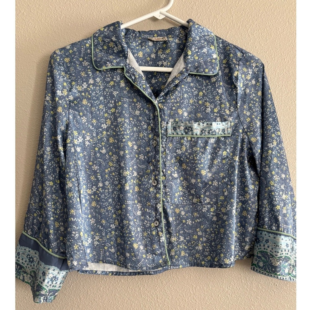 Free People Pillow Talk Pajama Top Womens XS Blue Floral Satin Cropped Comfort